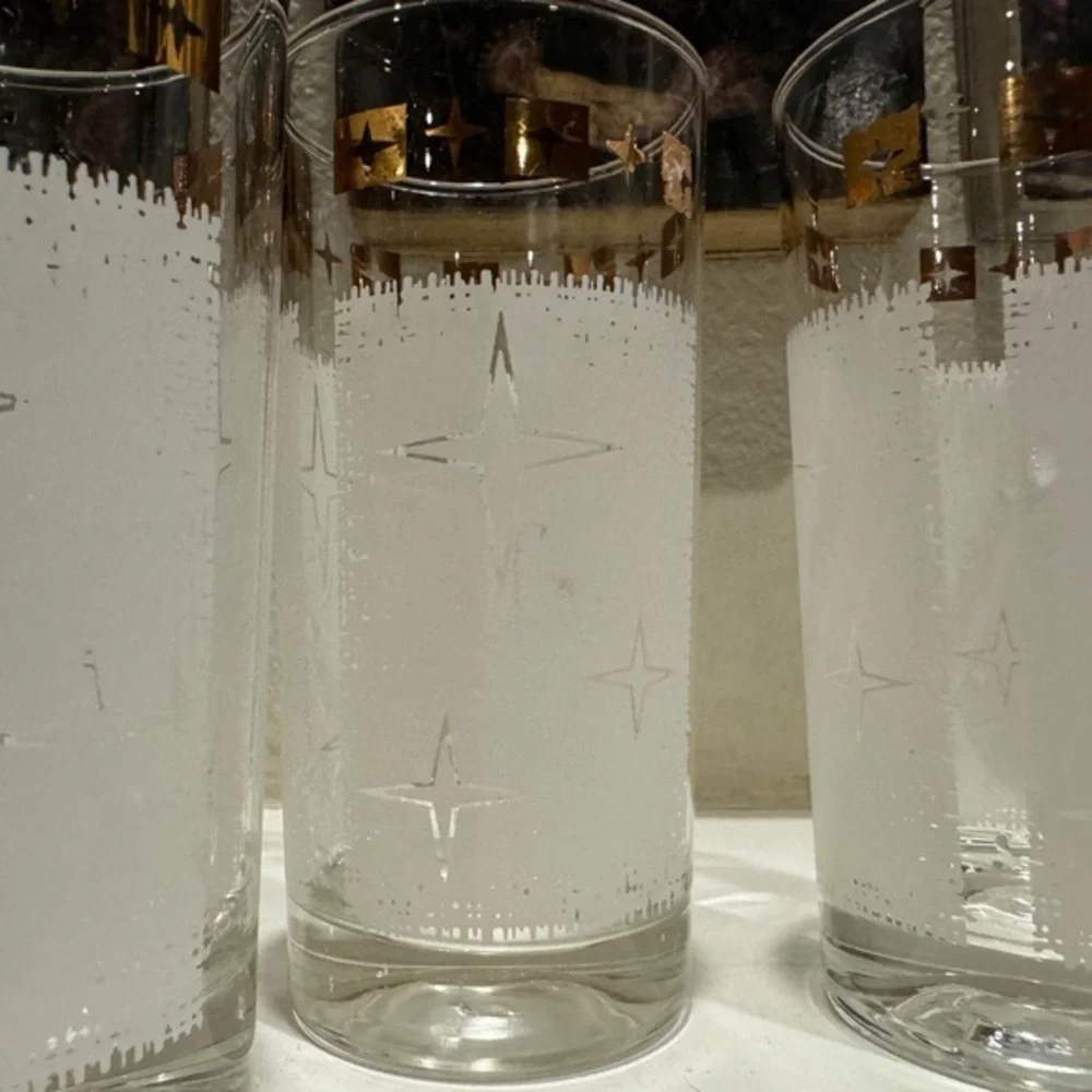 Mid‎ Century Modern White & Gold Atomic Cosmic Starburst Glass Drink Tumblers